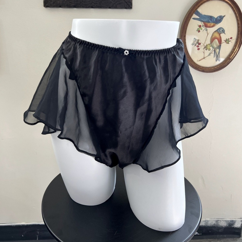 Vintage Victoria's Secret Black Liquid Satin Sheer Skirted Panties Size Large